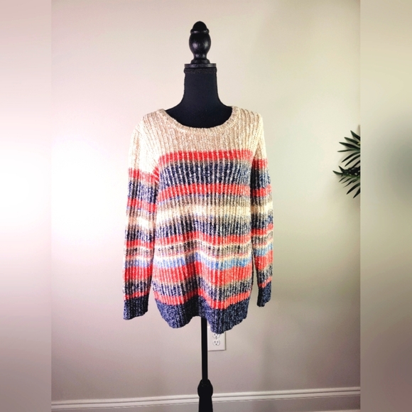 L.L. Bean Sweaters - LL Bean Cotton Knitt Ragged Striped Marled Crewneck Pullover Sweater sz L